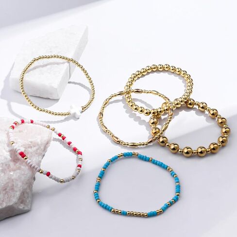 18K Gold Beaded Bracelets For Women: Gold Bead Stretch Bracelets For Women - Gold Plated Beaded Bracelets Non Tarnish - Gold Bracelet with Cross Charm - Tarnish Free Gold Beaded Bracelets Small Wrist in Kuwait