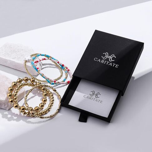 18K Gold Beaded Bracelets For Women: Gold Bead Stretch Bracelets For Women - Gold Plated Beaded Bracelets Non Tarnish - Gold Bracelet with Cross Charm - Tarnish Free Gold Beaded Bracelets Small Wrist in Kuwait