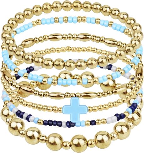 18K Gold Beaded Bracelets For Women: Gold Bead Stretch Bracelets For Women - Gold Plated Beaded Bracelets Non Tarnish - Gold Bracelet with Cross Charm - Tarnish Free Gold Beaded Bracelets Small Wrist in Saudi Arabia