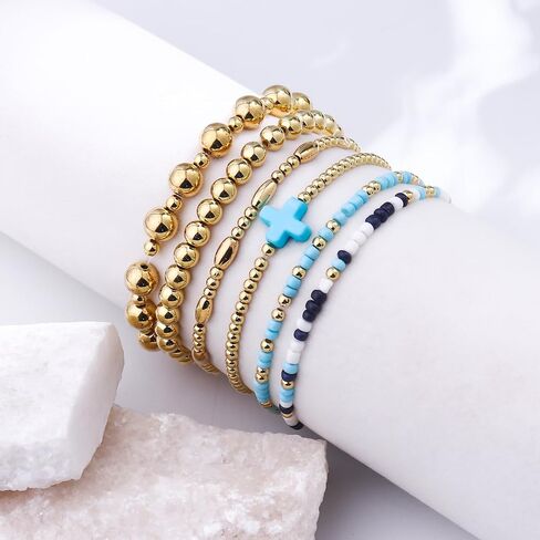 18K Gold Beaded Bracelets For Women: Gold Bead Stretch Bracelets For Women - Gold Plated Beaded Bracelets Non Tarnish - Gold Bracelet with Cross Charm - Tarnish Free Gold Beaded Bracelets Small Wrist in Saudi Arabia