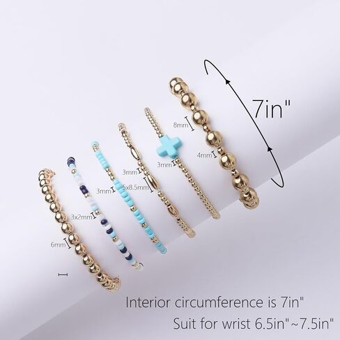 18K Gold Beaded Bracelets For Women: Gold Bead Stretch Bracelets For Women - Gold Plated Beaded Bracelets Non Tarnish - Gold Bracelet with Cross Charm - Tarnish Free Gold Beaded Bracelets Small Wrist in Saudi Arabia