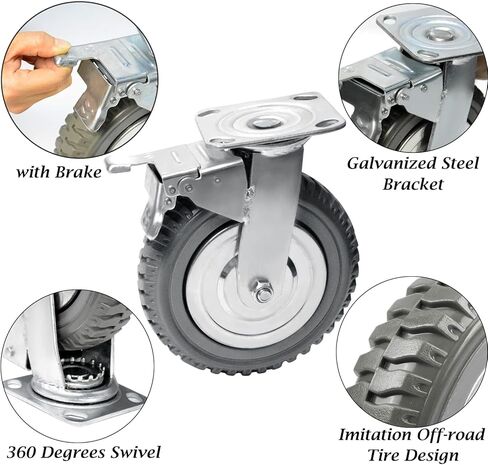 6 Inch Caster Wheels Heavy Duty Polyurethane Offroad Casters Set of 4 Swivel Plate Caster with 2 Brake Industrial Locking Wheels, Load Bearing 1653lbs in Saudi Arabia
