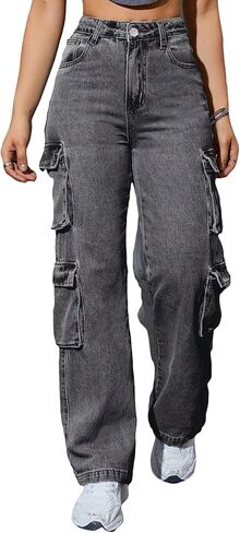 Kedera Women High Waist Denim Jeans Casual Pants Boyfriend Wide Leg Cargo Parachute Baggy Pants Trousers Streetwear in Kuwait
