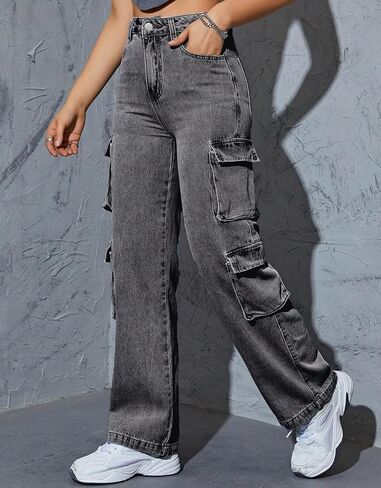 Kedera Women High Waist Denim Jeans Casual Pants Boyfriend Wide Leg Cargo Parachute Baggy Pants Trousers Streetwear in Kuwait