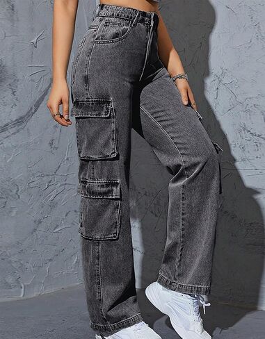 Kedera Women High Waist Denim Jeans Casual Pants Boyfriend Wide Leg Cargo Parachute Baggy Pants Trousers Streetwear in Kuwait