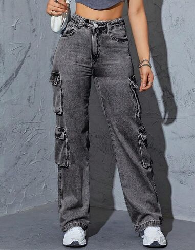 Kedera Women High Waist Denim Jeans Casual Pants Boyfriend Wide Leg Cargo Parachute Baggy Pants Trousers Streetwear in Kuwait