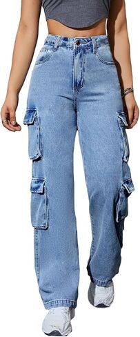 Kedera Women High Waist Denim Jeans Casual Pants Boyfriend Wide Leg Cargo Parachute Baggy Pants Trousers Streetwear in Kuwait