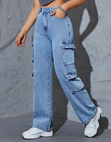 Kedera Women High Waist Denim Jeans Casual Pants Boyfriend Wide Leg Cargo Parachute Baggy Pants Trousers Streetwear in Kuwait