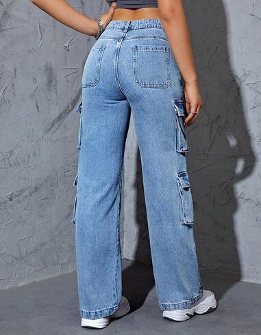 Kedera Women High Waist Denim Jeans Casual Pants Boyfriend Wide Leg Cargo Parachute Baggy Pants Trousers Streetwear in Kuwait