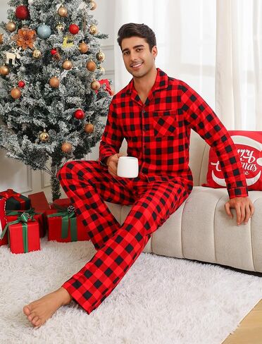 ENJOYNIGHT Mens 100% Cotton Flannel Pajamas Set Plaid Button Pjs Long Sleeve Sleepwear in Kuwait