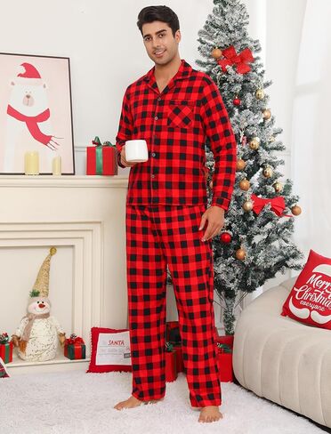 ENJOYNIGHT Mens 100% Cotton Flannel Pajamas Set Plaid Button Pjs Long Sleeve Sleepwear in Kuwait