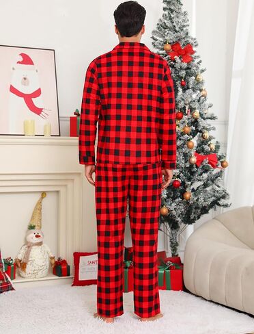 ENJOYNIGHT Mens 100% Cotton Flannel Pajamas Set Plaid Button Pjs Long Sleeve Sleepwear in Kuwait