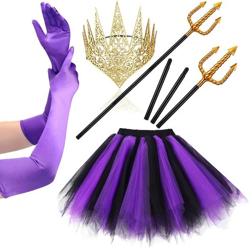 Halloween Long Women 20s Satin Gloves Tutu Dance Half Slip Skirt Crown Costume Head Piece Gold Trident Costume Set in Kuwait