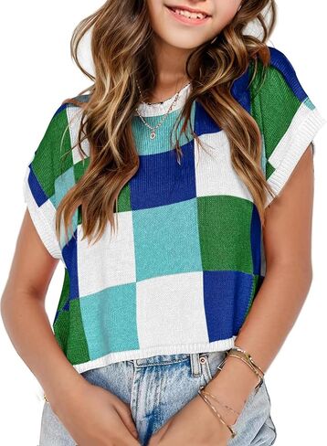 Girls Fall Crop Tops 2025 Cute Cap Sleeve Spring Summer Colorblock Loose Kids Knit Winter Sweaters Top in Saudi Arabia