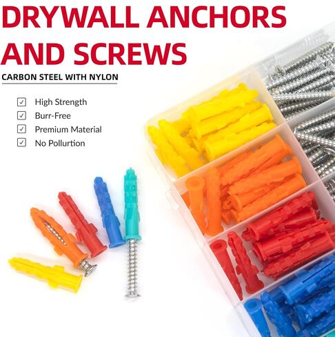 220PCS Drywall Anchors and Screws Kit, 110 Plastic Dry Wall Anchors & 110 Philips Flat Head Screws, 4 Sizes Wall Mount Screws and Anchor Set to Meet Different Needs. in Saudi Arabia