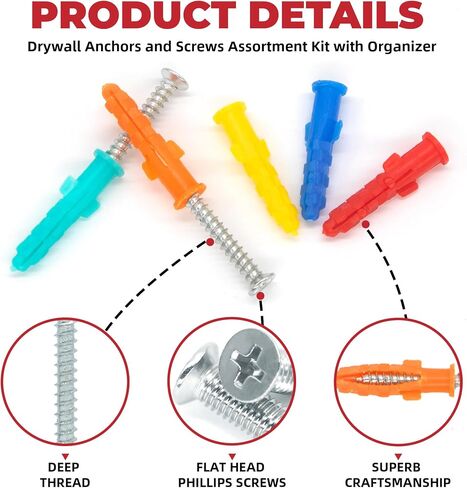 220PCS Drywall Anchors and Screws Kit, 110 Plastic Dry Wall Anchors & 110 Philips Flat Head Screws, 4 Sizes Wall Mount Screws and Anchor Set to Meet Different Needs. in Saudi Arabia
