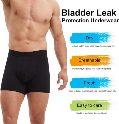 Mens Leakproof Underwear Washable Adult Bladder Protection Incontinence Absorbent Briefs Boxer Shorts Elastic Waistband 60 ML Absorbency (Black XXL) in Saudi Arabia