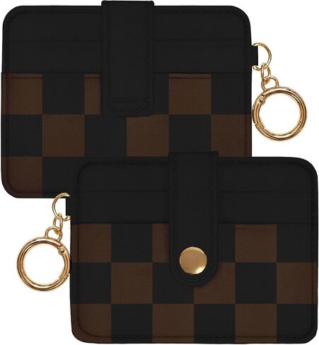 Slim Wallet for Women Ladies Teen Girls Female Credit Card Holder Cute Aesthetic Unique Modern RFID Checkered Cardholder Keychain, Black Black Brown in Kuwait