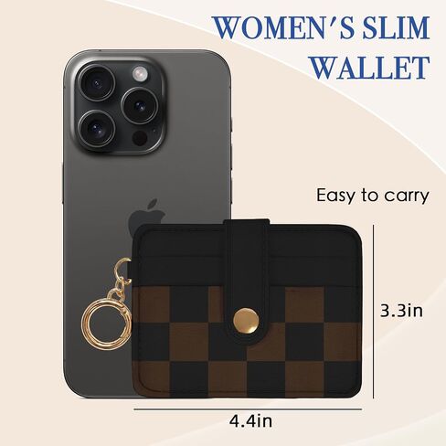 Slim Wallet for Women Ladies Teen Girls Female Credit Card Holder Cute Aesthetic Unique Modern RFID Checkered Cardholder Keychain, Black Black Brown in Kuwait