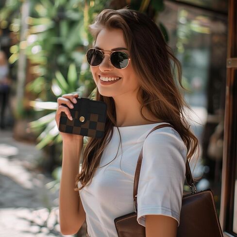 Slim Wallet for Women Ladies Teen Girls Female Credit Card Holder Cute Aesthetic Unique Modern RFID Checkered Cardholder Keychain, Black Black Brown in Kuwait