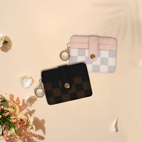 Slim Wallet for Women Ladies Teen Girls Female Credit Card Holder Cute Aesthetic Unique Modern RFID Checkered Cardholder Keychain, Black Black Brown in Kuwait