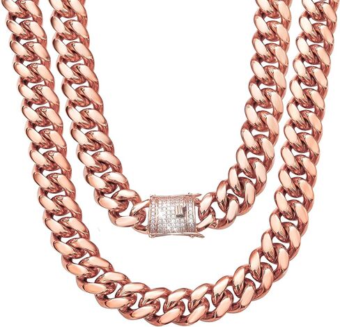 Cuban Link Chain Necklace or Bracelet with Bling Bling Cubic Zirconia Iced-Out Clasp for Men 10mm/14MM Rose Gold Stainless Steel Hip Hop Miami Curb Chains 7.5-30 inch in Kuwait