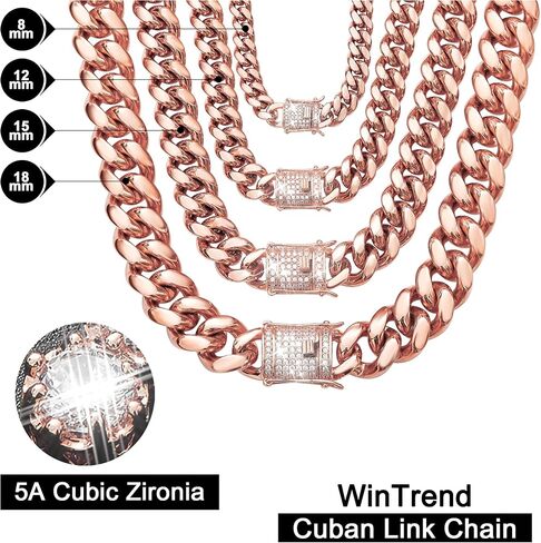 Cuban Link Chain Necklace or Bracelet with Bling Bling Cubic Zirconia Iced-Out Clasp for Men 10mm/14MM Rose Gold Stainless Steel Hip Hop Miami Curb Chains 7.5-30 inch in Kuwait
