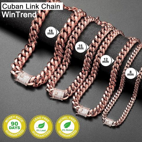 Cuban Link Chain Necklace or Bracelet with Bling Bling Cubic Zirconia Iced-Out Clasp for Men 10mm/14MM Rose Gold Stainless Steel Hip Hop Miami Curb Chains 7.5-30 inch in Kuwait