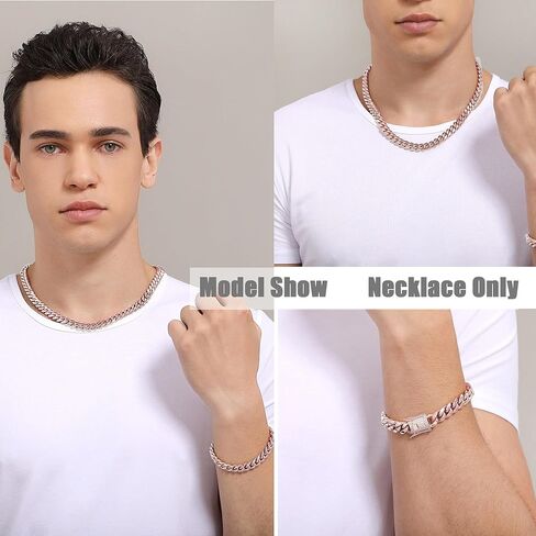 Cuban Link Chain Necklace or Bracelet with Bling Bling Cubic Zirconia Iced-Out Clasp for Men 10mm/14MM Rose Gold Stainless Steel Hip Hop Miami Curb Chains 7.5-30 inch in Kuwait