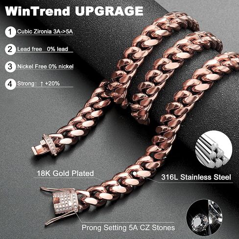 Cuban Link Chain Necklace or Bracelet with Bling Bling Cubic Zirconia Iced-Out Clasp for Men 10mm/14MM Rose Gold Stainless Steel Hip Hop Miami Curb Chains 7.5-30 inch in Kuwait