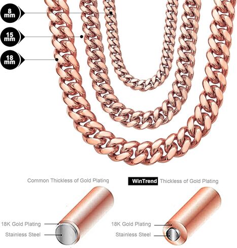 Cuban Link Chain Necklace or Bracelet with Bling Bling Cubic Zirconia Iced-Out Clasp for Men 10mm/14MM Rose Gold Stainless Steel Hip Hop Miami Curb Chains 7.5-30 inch in Kuwait
