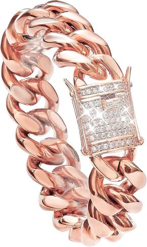 Cuban Link Chain Necklace or Bracelet with Bling Bling Cubic Zirconia Iced-Out Clasp for Men 10mm/14MM Rose Gold Stainless Steel Hip Hop Miami Curb Chains 7.5-30 inch in Kuwait