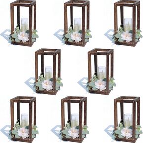 Wooden Lanterns for Wedding Centerpieces 8Sets/24PCs(8wood Lanterns+8candles+8flowers) Table Lanterns for CenterpiecesWedding Lanterns