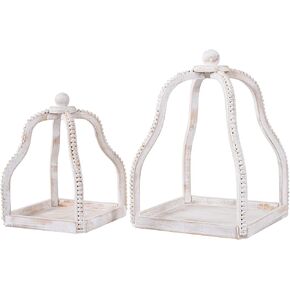 2 Pack Wood Beaded Lantern Set Vintage Rustic Farmhouse Decorative Candle Lanterns, Distressed White