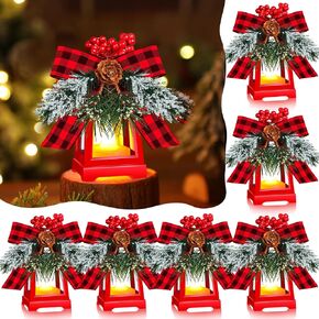 6 Pcs Christmas Mini Decorative Lantern with Flickering Led Flameless Candles Hanging Decorative Candle Lanterns with Bow Berry Battery Included for Xmas(Red Plaid Bow, Set of 6)