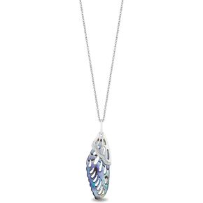 Jewelili Hallmark Fine Jewelry Butterfly Wing Pendant in Aurora Borealis Blue Carved Mother of Pearl and Sterling Silver with Diamonds