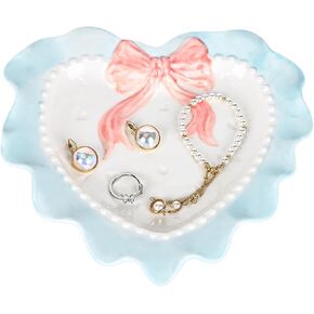 Ceramic Jewelry Tray, Heart Shaped Jewelry Ring Dish, Cute Bow-Knot Trinket Dish, Decorative Trays Room Decor Aesthetic Organizer Plate for Women Friends Sisters (Pink)