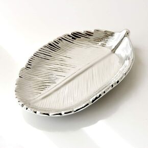 AKOAK 1 Pack Ceramic Silver Leaf-Shaped Jewelry/Keys/Small Objects Storage Tray, Candy, Snack Tray, Photo Props Home Decor Mini Accessories (Silver)