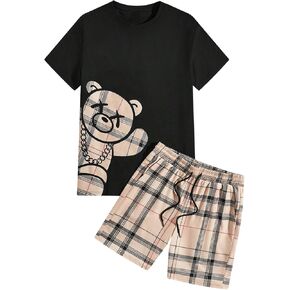 SHENHE Men's 2 Piece Outfits Summer Graphic Bear Print Tee Shirt and Plaid Shorts Set