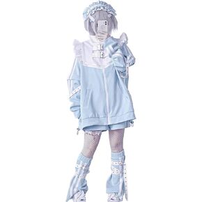 Light Blue Mine Subculture Set Harajuku Hoodie, Cyber Y2K Style, Blue Varsity Jacket, Baggy Jacket, Japanese Streetwear for Women with Zip-up, Ruffle Jackets, and Leg Warmers