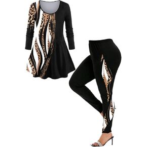 ROSE GAL Women Plus Size Two Piece Outfits Leopard Print Colorblock Long Sleeve Tee and Leggings Matching Set 2 Piece Set