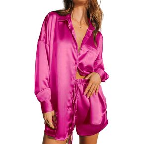 Ekouaer Womens 2 Piece Satin Pajama Set Long Sleeve PJs Sets Button Down Lounge Sets Soft Sleepwear Set
