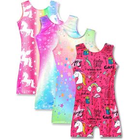 Nymphperi 4 Packs Gymnastics Leotard for Girls Size 6Y 7Y Sparkle Biketards with Shorts Kids Sleeveless Unitard One-Piece Dancewear