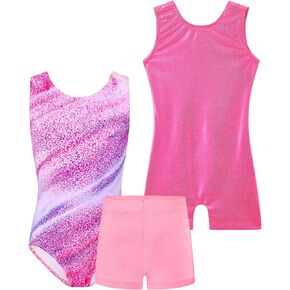 TENVDA Bundles of Gymnastics Leotards for Girls 6-7 Years Old Sleeveless Pink Stripes Tumbling Outfit and Hotpink Biketard