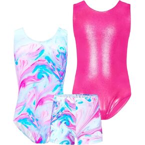 TENVDA Bundles of Girls Gymnastics Leotards Size 8-9 Years Old Tumbling Outfit Blue Pink Marble and Hotpink Tank Athletic Bodysuits