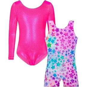 TENVDA Bundles of Gymnastics Leotards for Girls 4t 5t Sparkly Hotpink Stars Print Kids Tumbling Outfit