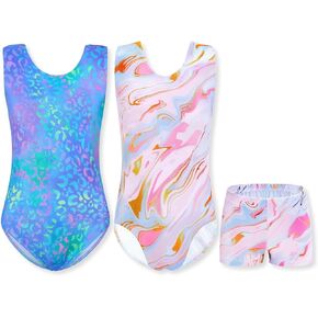 Domusgo Bundle of Green Leopard and Pink Tie Dye Girls Gymnastics Leotards Size 7-8 Years Old