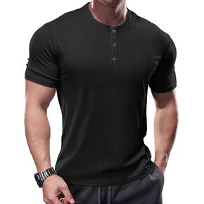 Men's Slim Fit Muscle Henley Shirts Cool Dry Shirts Ribbed Tee Short/Long Sleeve T-Shirt Gym Wicking Athletic T