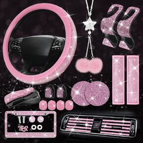 26PCS Pink Bling Car Accessories for Women with Diamond Bling Steering Wheel Cover Women Fit 14.5 Inches, Pink Cute Bling Car Decorations Interior Set Girly with Rhinestone Bling License Plate Frame