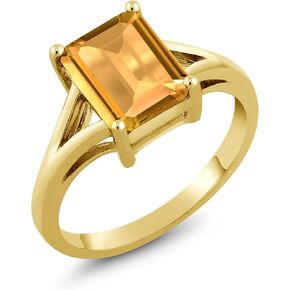 Gem Stone King 18K Yellow Gold Plated Silver Yellow Citrine Solitaire Engagement Ring For Women (2.33 Cttw, Emerald Cut 9X7MM, Gemstone November Birthstone, Available in Size 5,6,7,8,9)